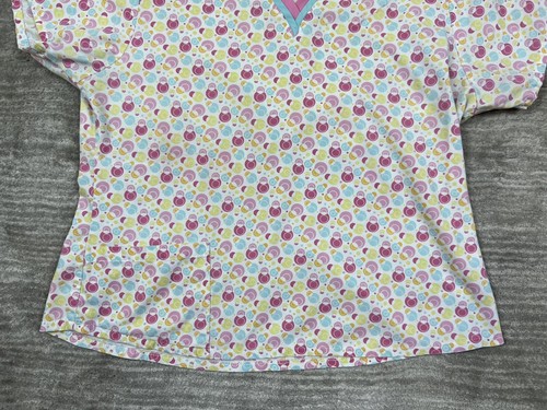 Landau Scrub Top Womens 11/13 White Pink Yellow Shortsleeve Circles - Picture 3 of 10