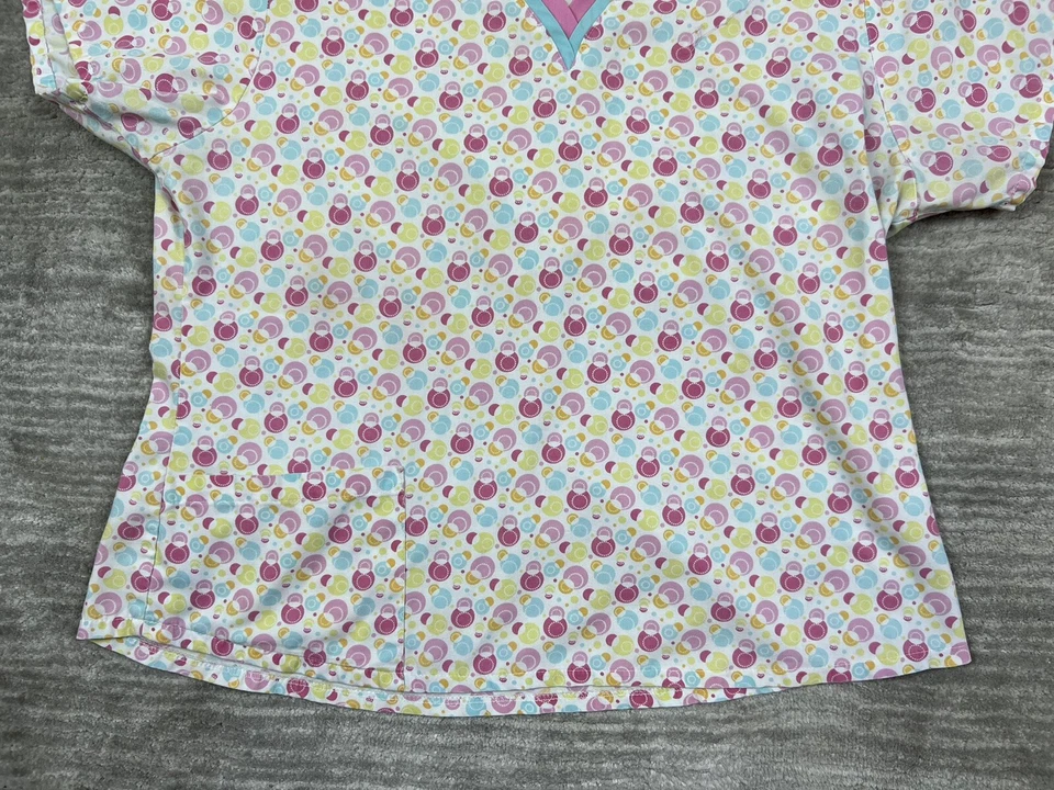 Landau Scrub Top Womens 11/13 White Pink Yellow Shortsleeve Circles - Image 3 of 4