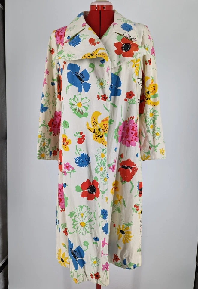 Chaqueta Bill Blass para Bond Street De Colección Años 60 Flor Acuarela Arte Denim Trinchera Mod Foto 3 de 4