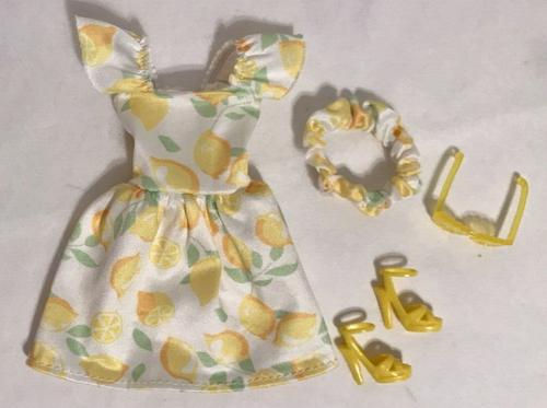 Barbie Doll Clone Fashion Outfit Spring Mini Lemon Print Dress Headband & Shoes