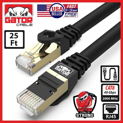 Cat 8 Ethernet Cable RJ45 Super Speed 40Gbps Patch LAN Network Gold Plated 25FT