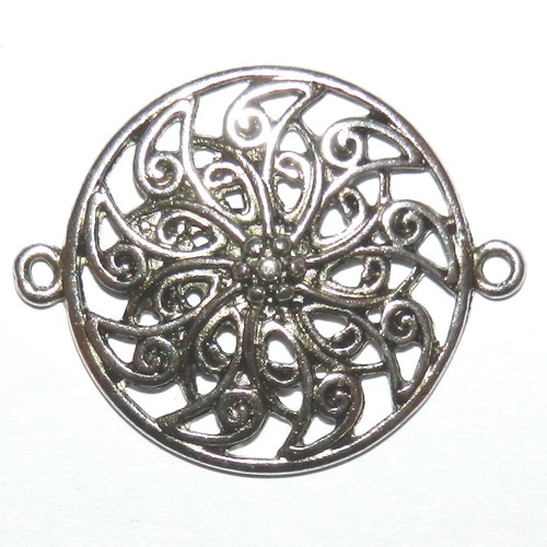 M7128 Antiqued Silver 31mm Flat Round Flower Design Metal Link Bead 4pc - 第 1/3 張圖片