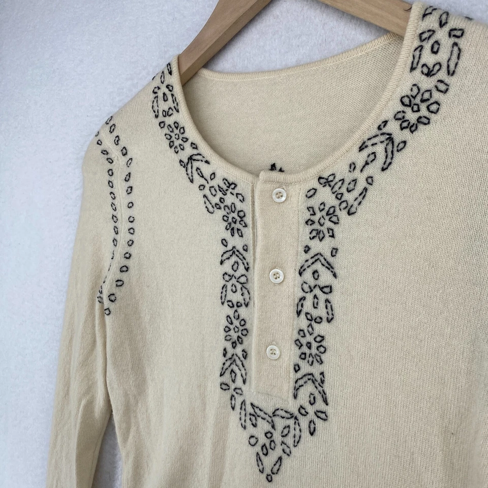 Cashmere Sweater Womens S Boho Henley Embroidered Long Sleeve Pullover Off White - Image 2 of 4