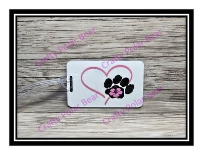 Luggage Tag Heart Shape w/Paw Print & Hibiscus Flower Black Plastic Strap Loop
