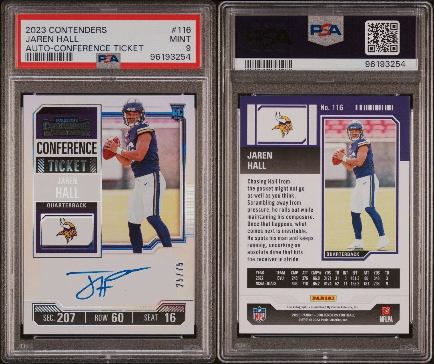 JAREN HALL 2023 Panini Contenders Rookie Conference Ticket Autograph 25/75 PSA 9
