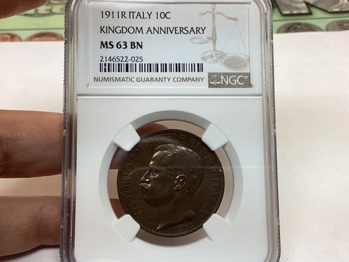 Italy 1911R 10 Centesimi Kingdom Anniversary NGC MS63 BN
