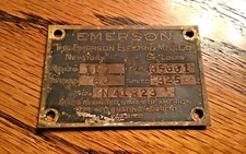 Original Emerson Electric Fan Motor ID Tag Plate Type 35661  Vintage Antique
