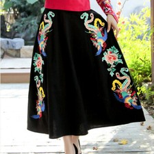Women Chinese Floral Embroidery Skirt Midi Ethnic Cotton Hippie Casual Retro New