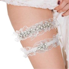 White Lace Wedding Garter Set with Rhinestones Bride Leg Accessories 2pc