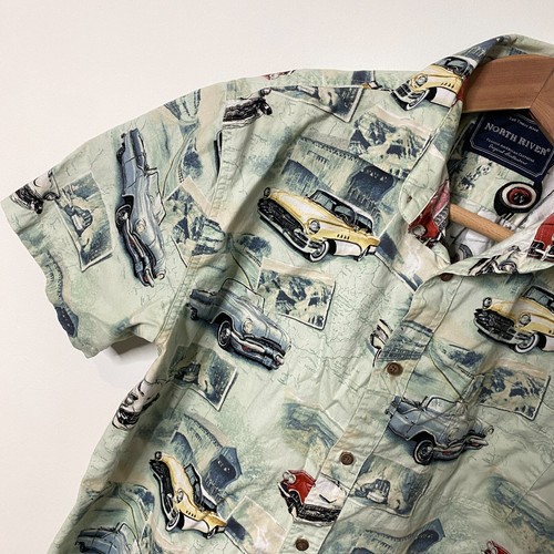 North River Shirt Mens Large Green Hot Rods Cars USA Button Up AOP - Picture 3 of 12