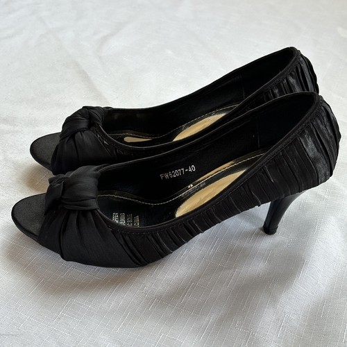 size 7.5 womens Peep Toe Fancy High Heels 5cm black satin Slip On Shoes VGC - Picture 11 of 15
