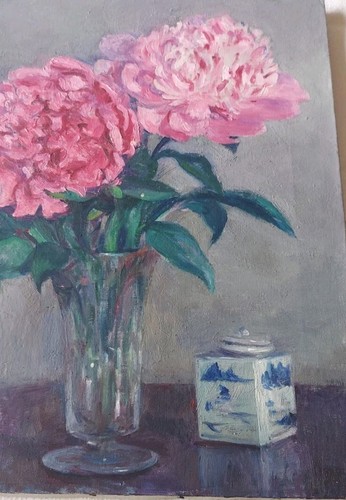 Emily Burling Waite Unframed Stretched Still Life Oil On Canvas, Peonies 17 x 14 - Picture 6 of 8