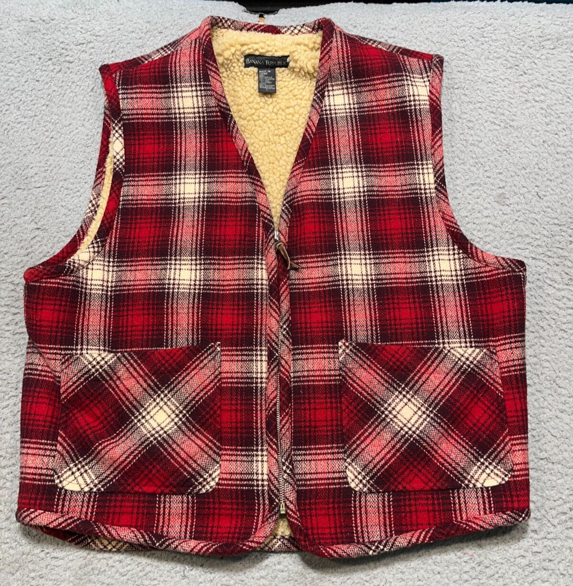 BANANA REPUBLIC Wool Vest Buffalo Plaid Sherpa Lined Mens Large