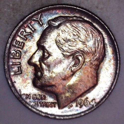 1964 10C Roosevelt Dime - AU Natural Beautiful Toner Obverse - Silver Toner