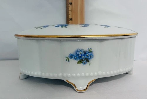 Handmade W. Germany Porcelain Oval Footed Trinket Box w/ Lid Blue Floral Gold