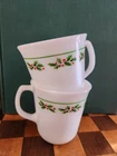2 Vintage Corning Pyrex Corelle HOLLY DAYS Mugs Cups Xmas Milk Glass VGC