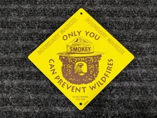 Vintage Smokey Bear Metal Boundary Marker Trail Sign Yellow Safety 70s NOS