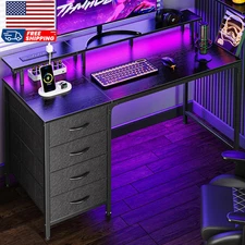 47 Inch Computer Desk with Power Outlets and LED Lights Gaming Desk with 4 Drawe