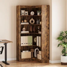 5 Tier Wood Bookshelf L-Shape Tall Bookcase Storage Organizer with Display Shelf