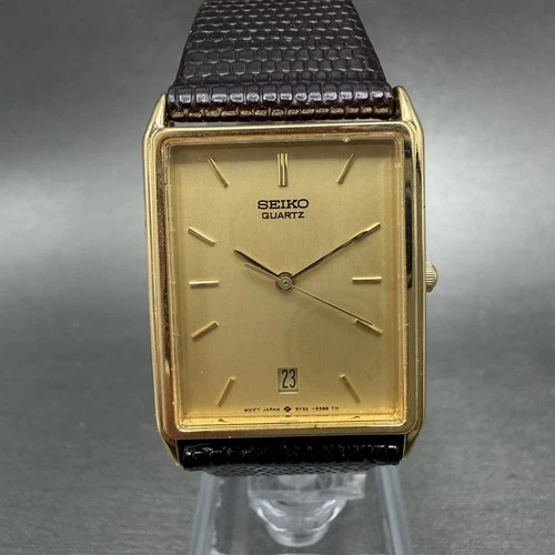 Seiko Tank Watch Men 25mm Champagne Dial Gold Tone Date 5Y32-5149 New Battery