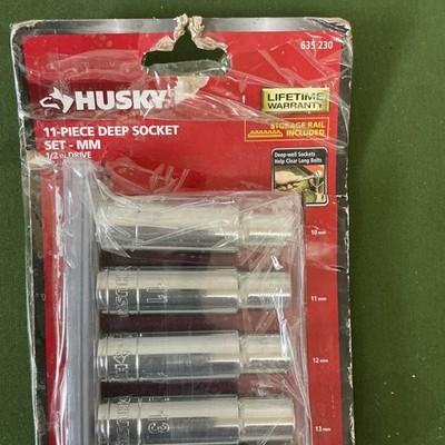 Husky 11-Piece Deep Metric Socket Set 1/2 in Drive Chrome Finish Storage Rail