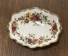 DUCHESS ENGLISH GARDEN TRINKET SOAP DISH RED YELLOW ROSES SCALLOPED BRUSH GOLD