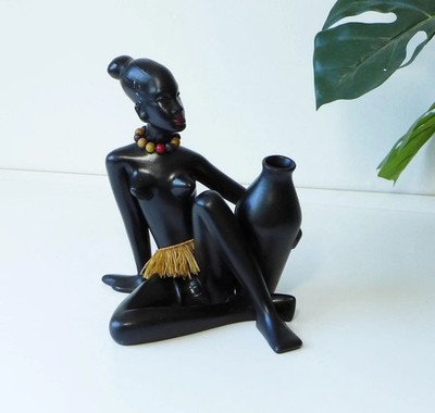Gmunder Keramik African Lady Figur + Vase 50er 60er Vintage Skulptur Dame Tiki