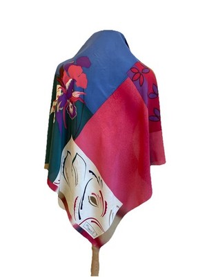 H77# Louise Francoise LF s Silk Scarf Abstract Floral Color Block Large Square