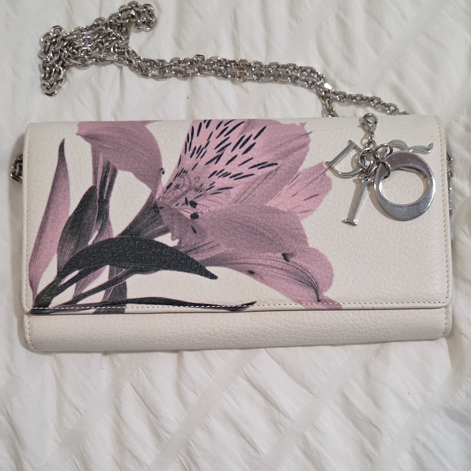 Christian Dior Shoulder Bag White Pink Floral Print Silver Hardware Chain Strap