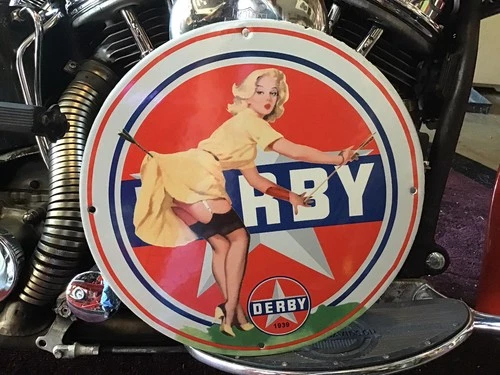 RARE VINTAGE PORCELAIN 1939 DERBY GAS STATION DISPLAY SIGN Harley Ford Chevy