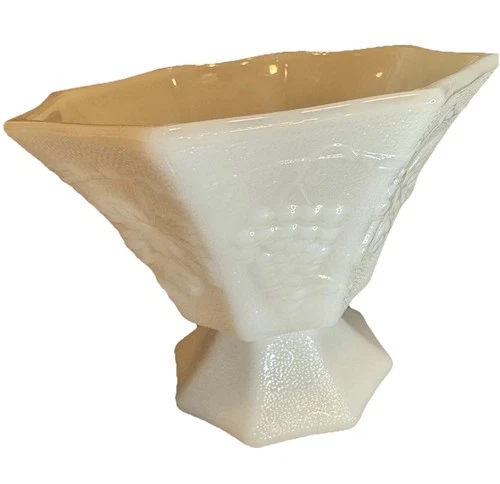 Vintage Anchor Hocking Milk Glass Octagon Pedestal Grapes & Leaves Bowl
