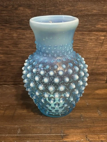 Vintage Fenton Blue Opalescent Hobnail Straight Edge Glass Vase
