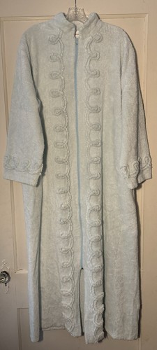 Cottagecore! Vintage Stan Herman Chenille Long Baby Blue Robe Pockets SZ Large