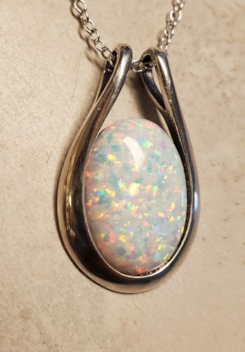 White Fire Opal Pendant, Rainbow Oval Shape Pendant, 925 Sterling Silver Jewelry - Picture 4 of 5