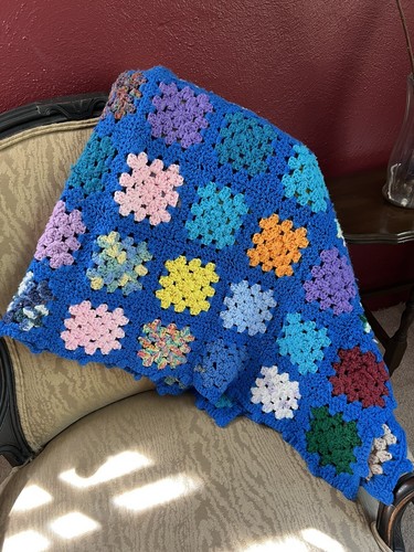Handmade Crochet Afghan Throw Blue Granny Squares Roseanne Blanket 50 x 57 Vtg