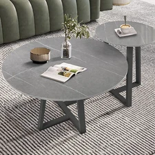 2PCS Modern Nesting Coffee Table Round Accent Cafe Table Grey Sintered Stone