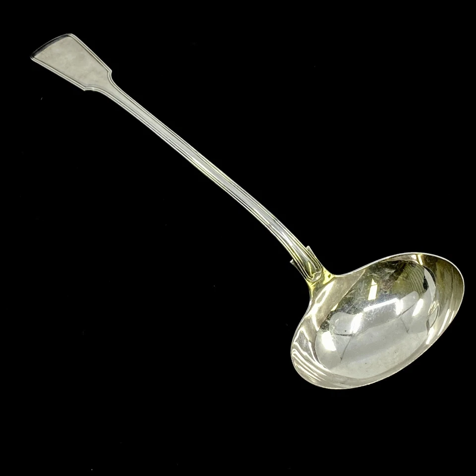 Antiguo cucharón de sopa grande de 13-1/2" con plato de plata Edward & John Barnard del Reino Unido de mediados del siglo XIX Foto 3 de 4