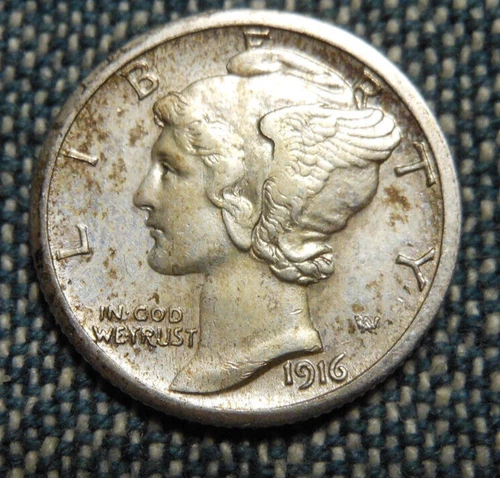 1916-S 90% SILVER MERCURY DIME TONING AU ALMOST UNCIRCULATED