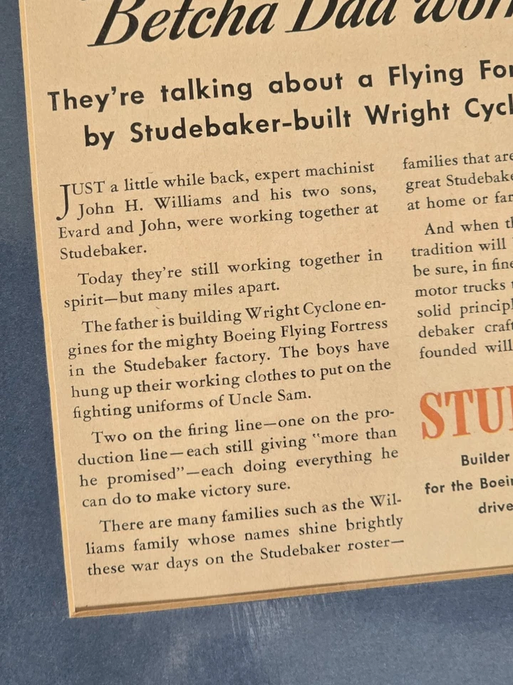 Original 1943 WW2 Studebaker Employee Ad Williams Family, South Bend Indiana - Image 3 of 4