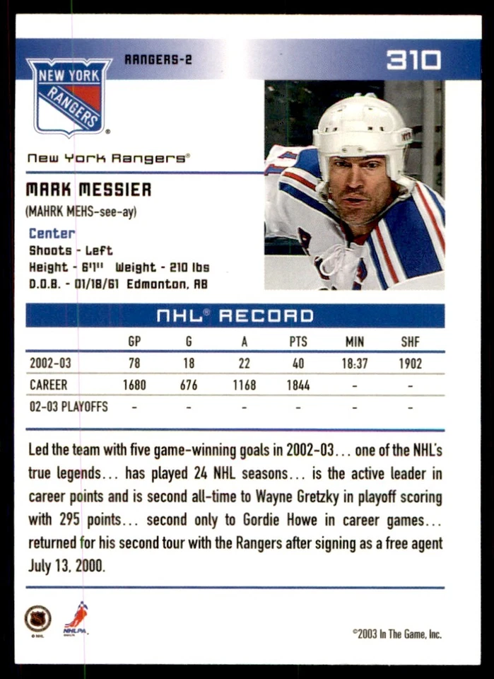 2003-04 In The Game Action Mark Messier New York Rangers #310 - Image 2 of 2