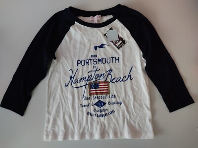 USA Langarmshirt Gr 134 140 Weiß Blau Portsmouth Hampton Road Sea Coast Line NEU