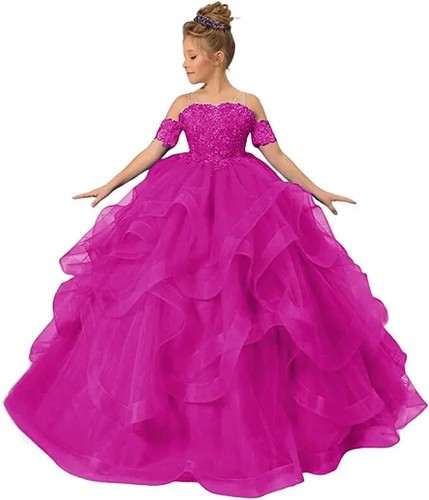 Tulle Flower Girl Dress Puffy Short Sleeve Layered Appliques Birthday Party Gown - 第 9/23 張圖片