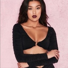 House of CB London Women's Crop Top Yili Ruched Long Sleeve Black XS