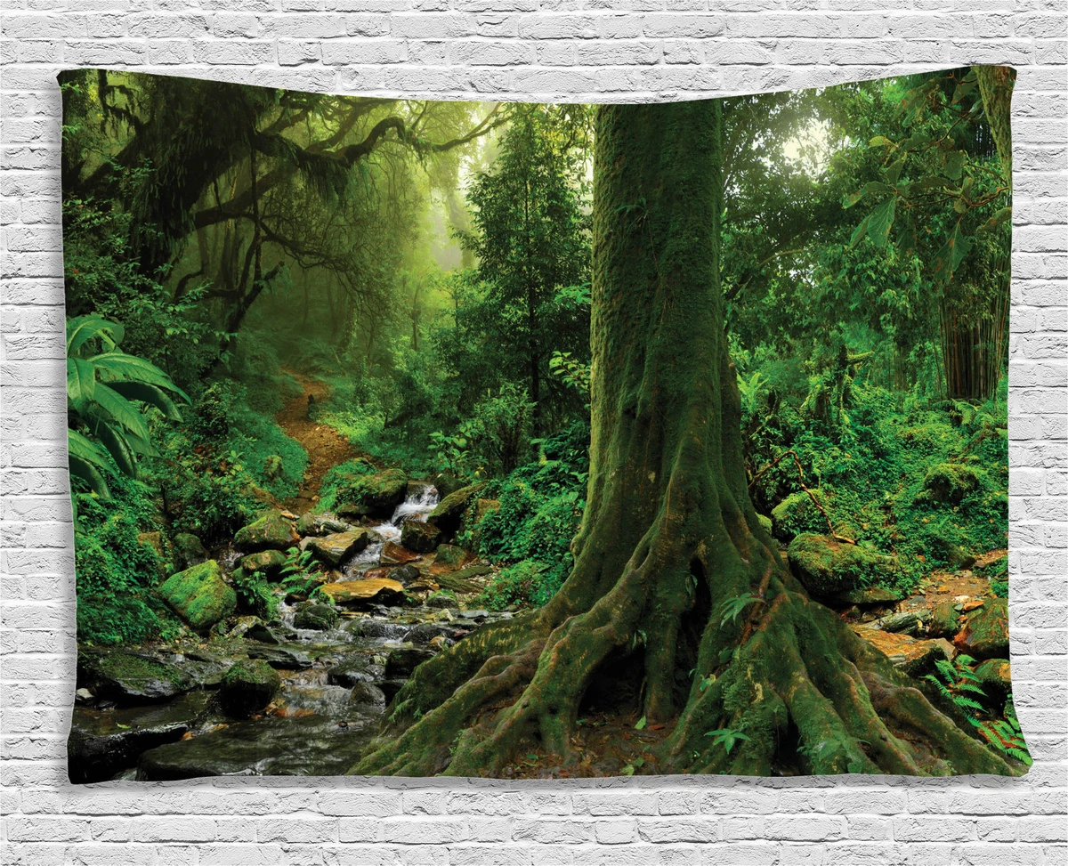 Forest Tapestry Moss on Trees Stream Print Wall Hanging Decor 80