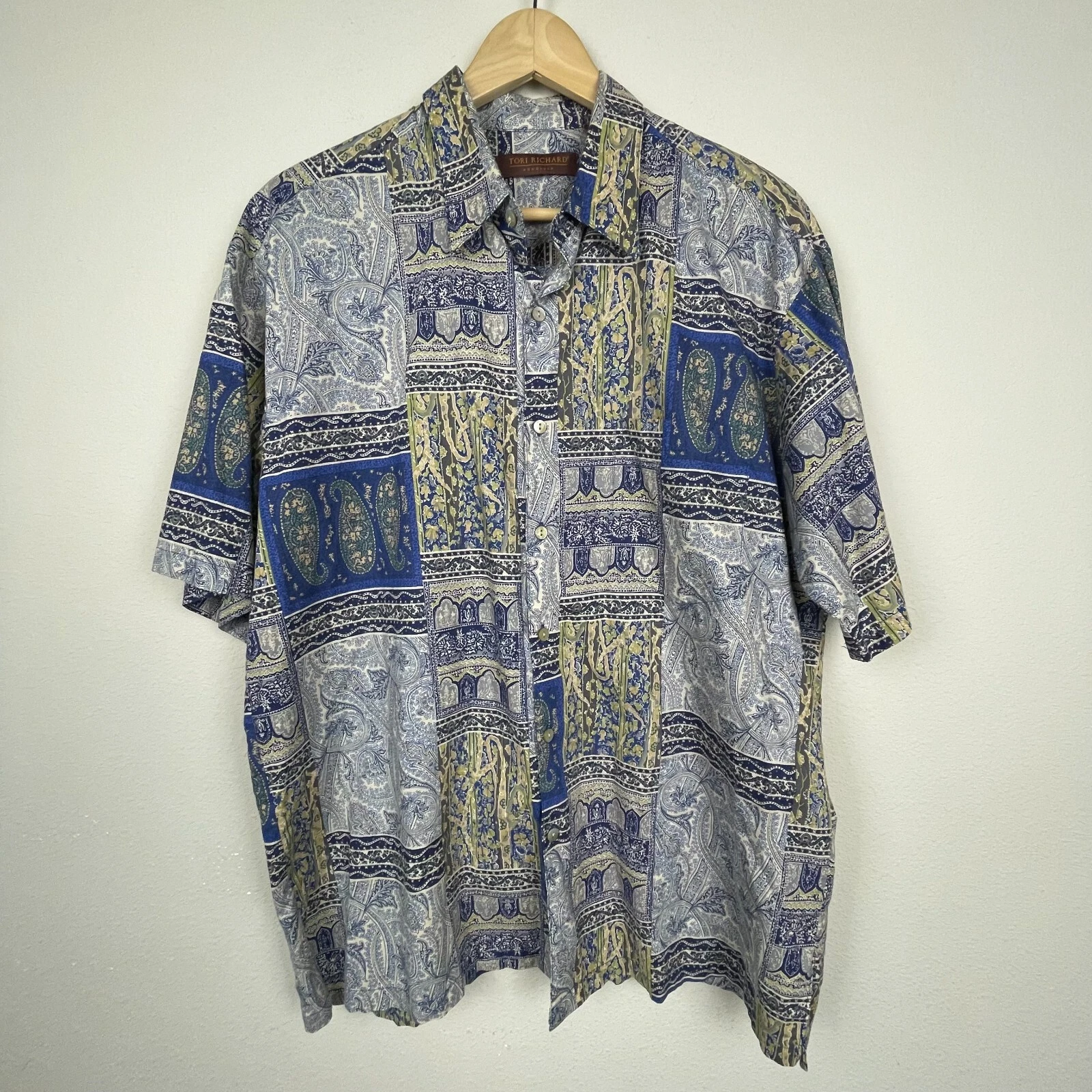 Tori Richard Hawaiian Shirt Men's L – Blue Cream Mixed Print Camp Button-Up