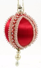 Red Fabric Pearl Jewel Ball Christmas Ornament Holiday Decoration