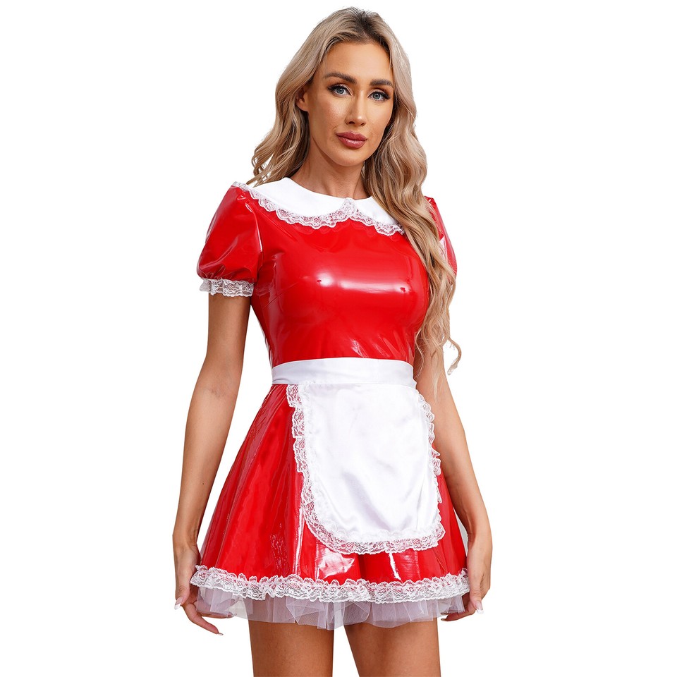 UK Womens French Maid Uniform Shiny PVC Leather Dress Apron Fancy Dress ...