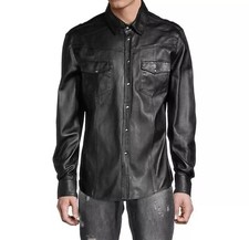 Men's 100 Genuine Leather Full Sleeves Shirt Soft Lambskin Snap Button Jacket