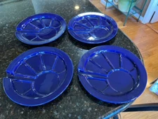 Set 4, Roscho Cobalt Blue Bake & Serveware, Divided Fondue Sushi Plates 9.5" EUC