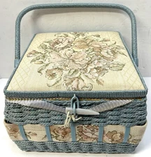 Vintage AZAR  Woven Wicker Sewing Basket Box Floral Tapestry